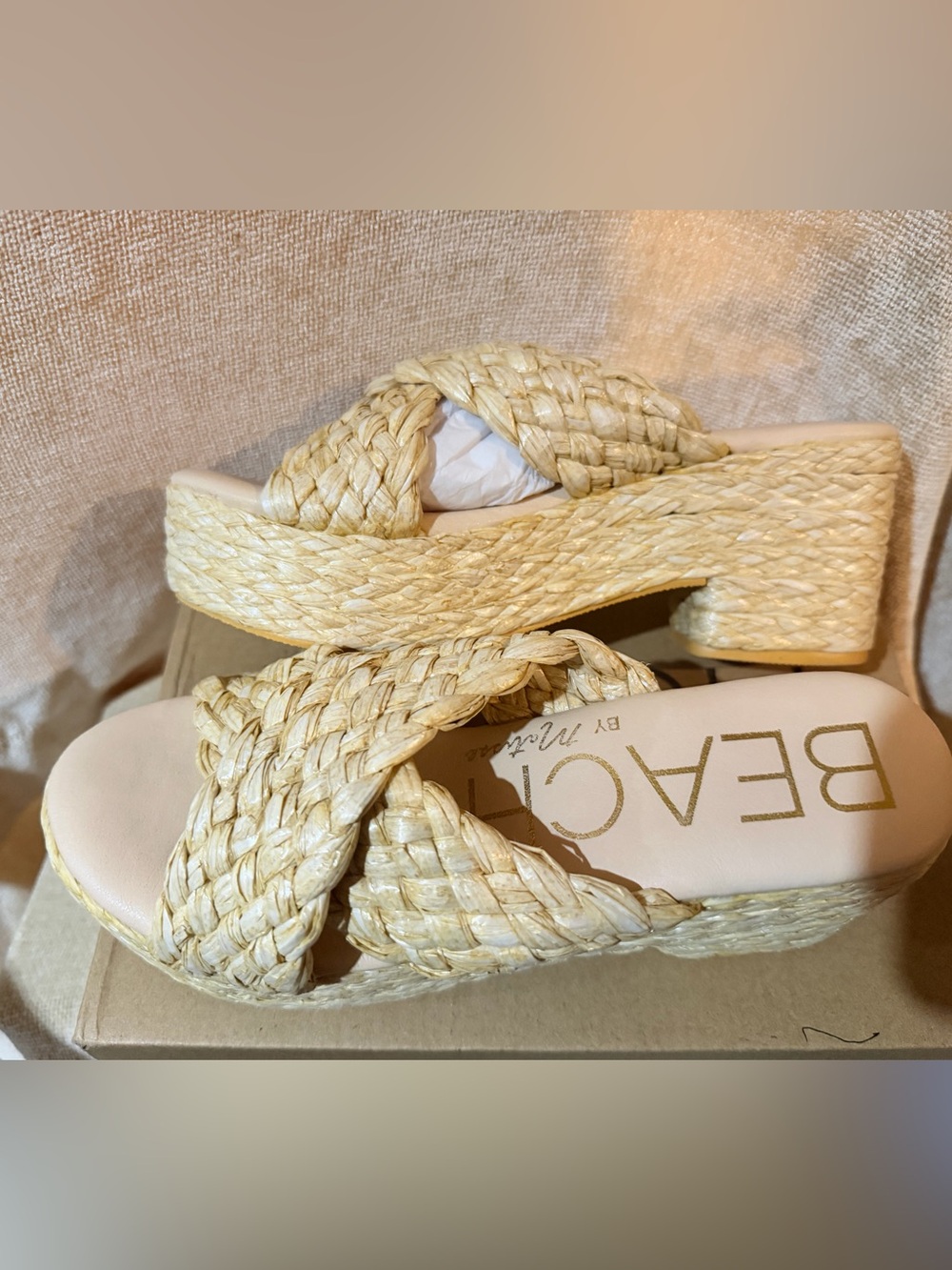 BEACH by Matisse Braided Platform Slide Sandals in Natural Straw size 8 - Picture 2 of 3